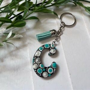 New Turquoise and White Letter C Keychain with Tassel